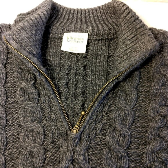 Kilronan Knitwear Aran Knit Sweater M Gray Merino Wool Fisherman Ireland 1/4 Zip - Picture 9 of 16